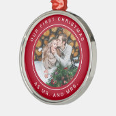 Eerste kerstfeest | Rood en wit met foto Metalen Ornament (Links)