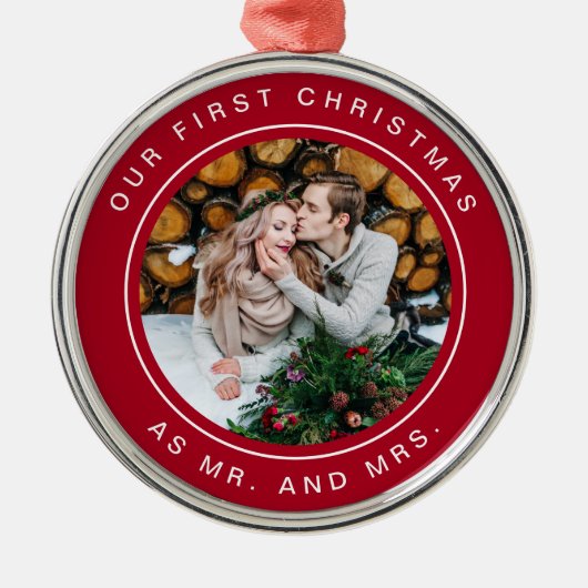 Eerste kerstfeest | Rood en wit met foto Metalen Ornament (Voorkant)
