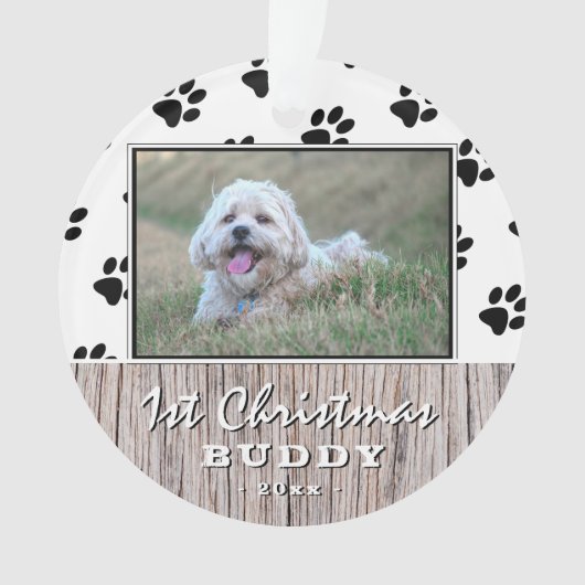 Eerste kerstfeest Rustic Puppy 2 Foto Paw Patroon Ornament (voorkant)