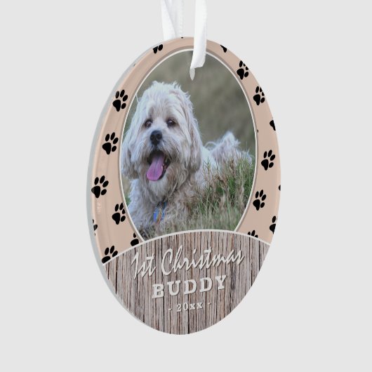 Eerste kerstfeest Rustic Puppy Photo Paw Pattern Ornament (voorkant)