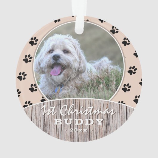 Eerste kerstfeest Rustic Puppy Photo Paw Pattern Ornament (achterkant)