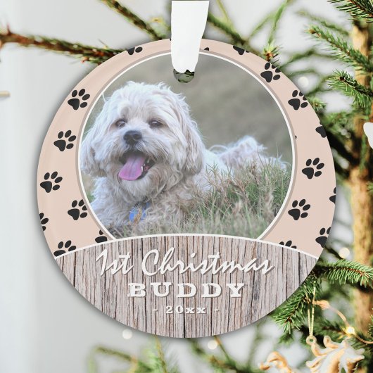 Eerste kerstfeest Rustic Puppy Photo Paw Pattern Ornament