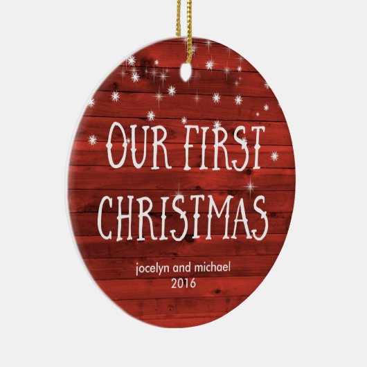 Eerste kerstfeest | Rustisch rood met foto Keramisch Ornament (Rechts)