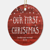 Eerste kerstfeest | Rustisch rood met foto Keramisch Ornament (Links)