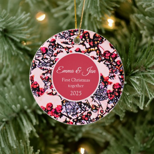 Eerste kerstfeest samen winterbessen keramisch ornament (Boom)