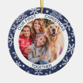 Eerste kerstfeest Together Foto Blue Snowflake Keramisch Ornament (Voorkant)