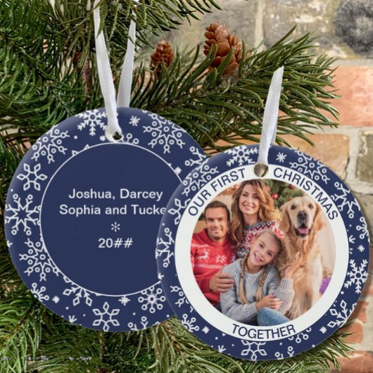 Eerste kerstfeest Together Foto Blue Snowflake Keramisch Ornament