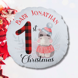 Eerste kerstfeest van baby jongen Cute Nijlpaard N Rond Kussen