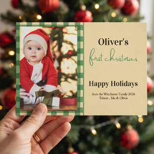 Eerste kerstfeest van de baby, groen geruit foto kaart