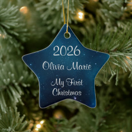 Eerste kerstfeest van de baby, hemels diepblauw he keramisch ornament