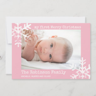 Eerste kerstfeest van de baby Roze foto met sneeuw Feestdagenkaart