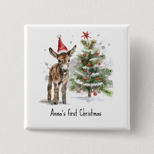 Eerste kerstfeest van de lieve ezel, op maat gemaa vierkante button 5,1 cm