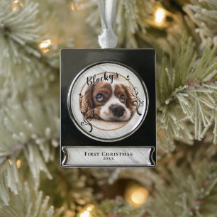 Eerste Kerstfeest van de Puppy Houten Loof Hond Na Verzilverd Banner Ornament