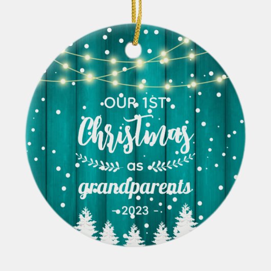 Eerste kerstfeest van grootouders, Teal rustieke f Keramisch Ornament (Voorkant)