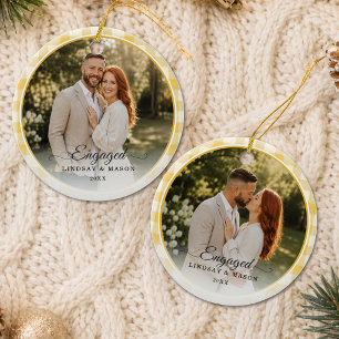 Eerste kerstfeest Verloving 2 Foto Geel Gingham Keramisch Ornament