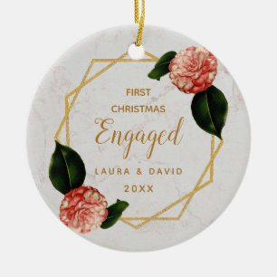 Eerste kerstfeest Verloving Marmer Goud Roze Camel Keramisch Ornament
