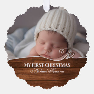 Eerste kerstfeest voor baby: geboortegegevens & fo ornament kaart