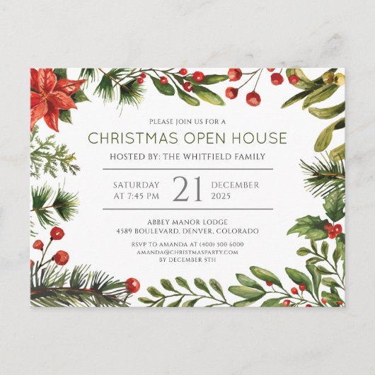 Eerste kerstfeestdag Berries Greenery Open House Uitnodiging Briefkaart (Voorkant)