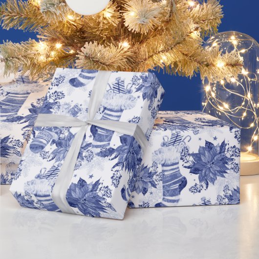 Eerste kerstfeestdag Blauwe winterkousen Poinsetti Cadeaupapier (Feestdagen)