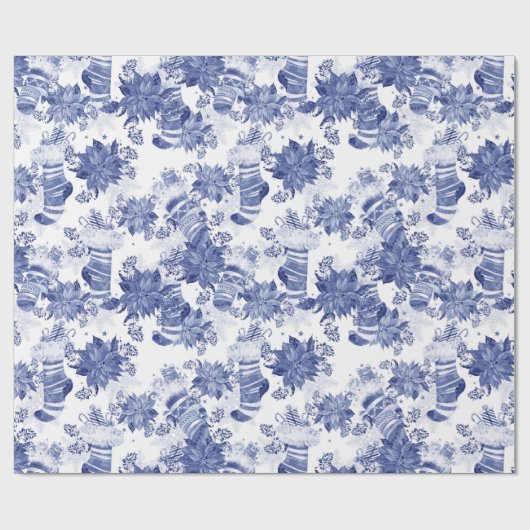Eerste kerstfeestdag Blauwe winterkousen Poinsetti Cadeaupapier (Vlak)