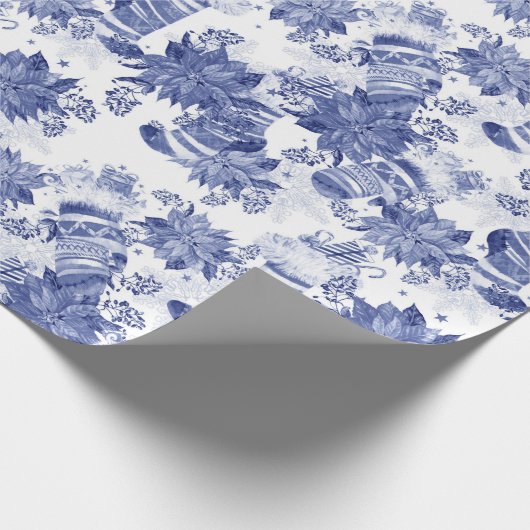 Eerste kerstfeestdag Blauwe winterkousen Poinsetti Cadeaupapier (Hoek)