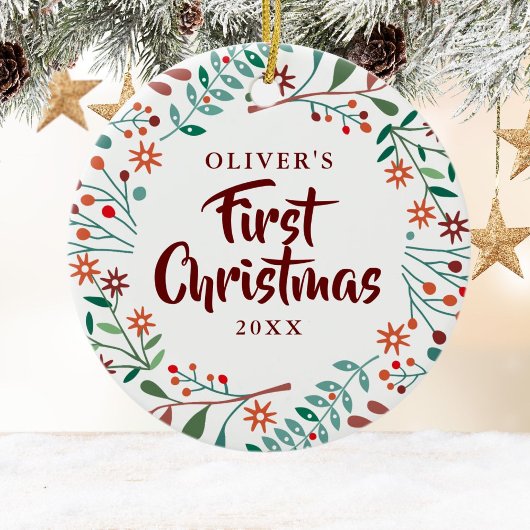 Eerste kerstfeestdag Floral Baby Foto Keramisch Ornament