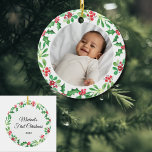 Eerste kerstfeestdag voor een speciaal kind keramisch ornament<br><div class="desc">Het eerste kerstornament van deze baby is versierd met waterverf heilig en mistletoe. Gemakkelijk aan te passen met de foto en naam van de baby. Om verder uit te geven gebruik het Hulpmiddel van het Ontwerp om de doopvont, de doopvontgrootte, of de kleur te veranderen. Omdat wij ons kunstwerk creëer,...</div>