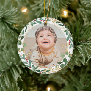 Eerste kerstfeestgrijs gouden rode elegante baby keramisch ornament