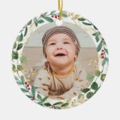 Eerste kerstfeestgrijs gouden rode elegante baby keramisch ornament (Voorkant)