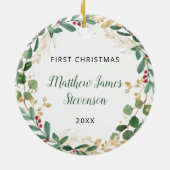 Eerste kerstfeestgrijs gouden rode elegante baby keramisch ornament (Achterkant)