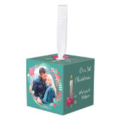 Eerste kerstflesje met foto's kubus ornament (Voorkant hoekig)