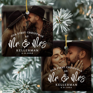 Eerste kerstfoto als meneer en mevrouw getrouwd keramisch ornament