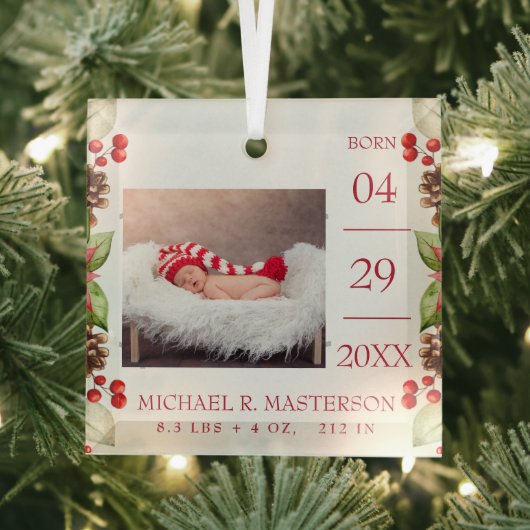 Eerste kerstfoto Baby Birth Stats Glas Ornament (Insitu)