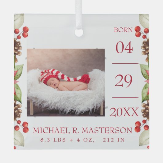 Eerste kerstfoto Baby Birth Stats Glas Ornament (Voorkant)