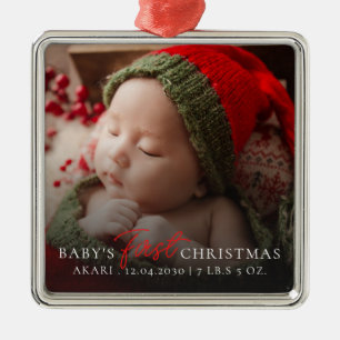 Eerste kerstfoto baby Geboortegegevens Metalen Ornament