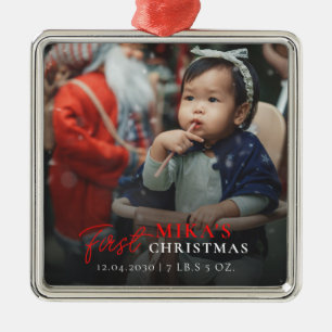 Eerste kerstfoto baby Geboortegegevens Metalen Ornament