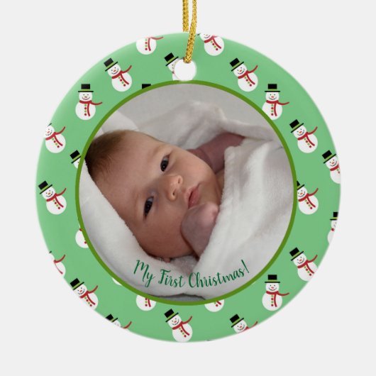 Eerste kerstfoto baby met sneeuwman keramisch ornament (Voorkant)