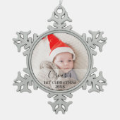 Eerste kerstfoto-Baby Naam Tin Sneeuwvlok Ornament (Voorkant)