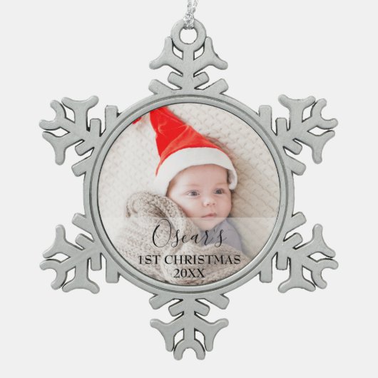 Eerste kerstfoto-Baby Naam Tin Sneeuwvlok Ornament (Voorkant)
