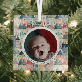 Eerste kerstfoto Blauwe Festive Huizen Vakantie Glas Ornament
