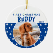 Eerste kerstfoto Blauwe Star Pattern Puppy Dog Keramisch Ornament (Voorkant)