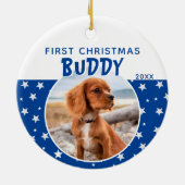 Eerste kerstfoto Blauwe Star Pattern Puppy Dog Keramisch Ornament (Achterkant)