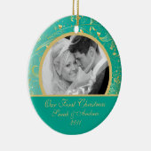 Eerste kerstfoto Blauwgroen Gold Floral Keramisch Ornament (Rechts)