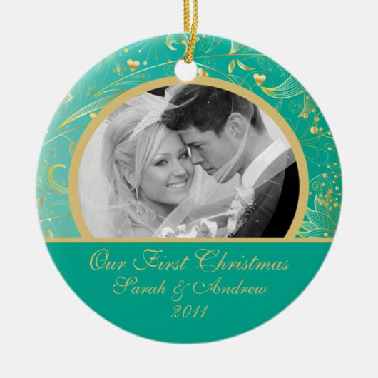 Eerste kerstfoto Blauwgroen Gold Floral Keramisch Ornament (Voorkant)