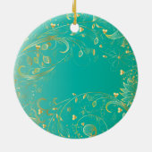 Eerste kerstfoto Blauwgroen Gold Floral Keramisch Ornament (Achterkant)