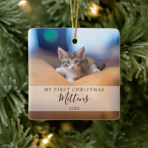 Eerste kerstfoto Foto Elegant Script Holiday Keramisch Ornament