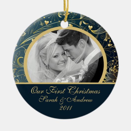 Eerste kerstfoto: Gold Floral Blue Keramisch Ornament (Voorkant)