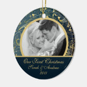 Eerste kerstfoto: Gold Floral Blue Keramisch Ornament (Links)