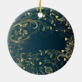 Eerste kerstfoto: Gold Floral Blue Keramisch Ornament (Achterkant)