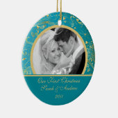 Eerste kerstfoto: Gold Floral Blue Keramisch Ornament (Rechts)